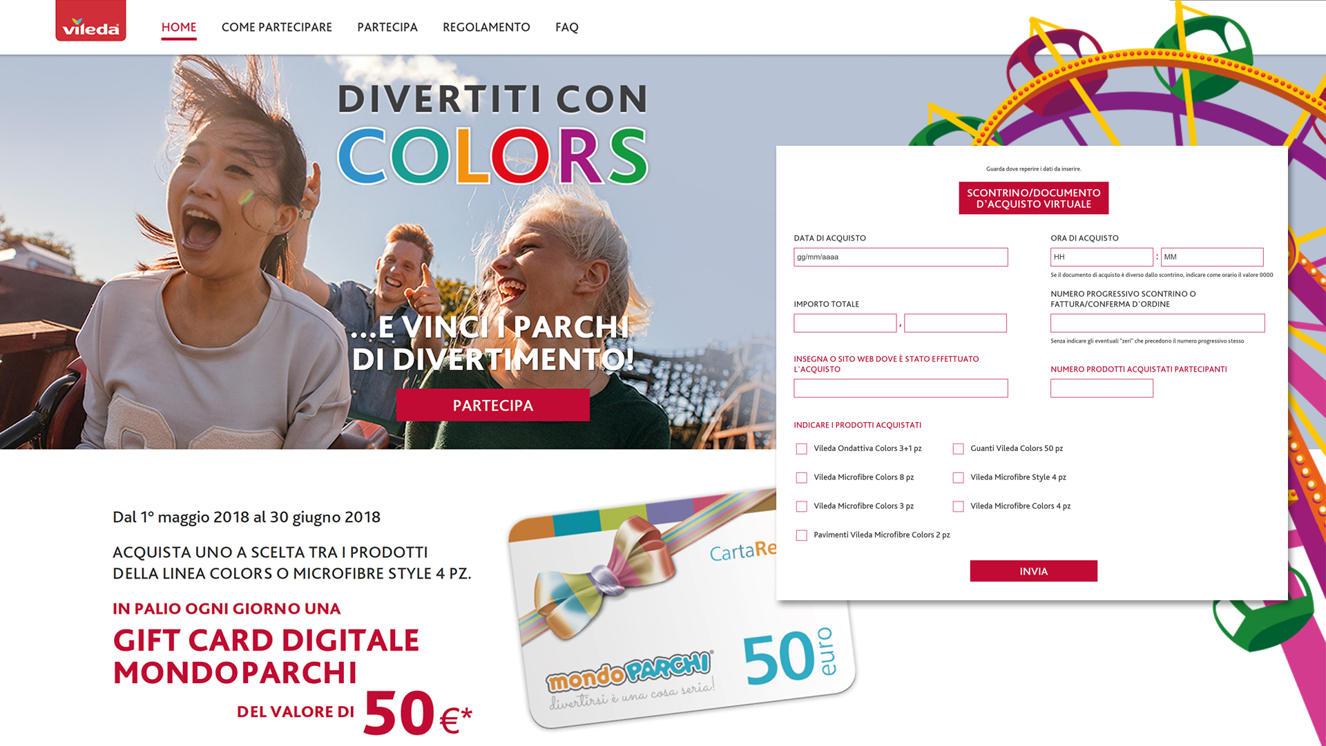 Concorso a premi Divertiti con Colors, acquista i prodotti promozionati Vileda e puoi vincere na Gift Card Digitale MondoParchi
